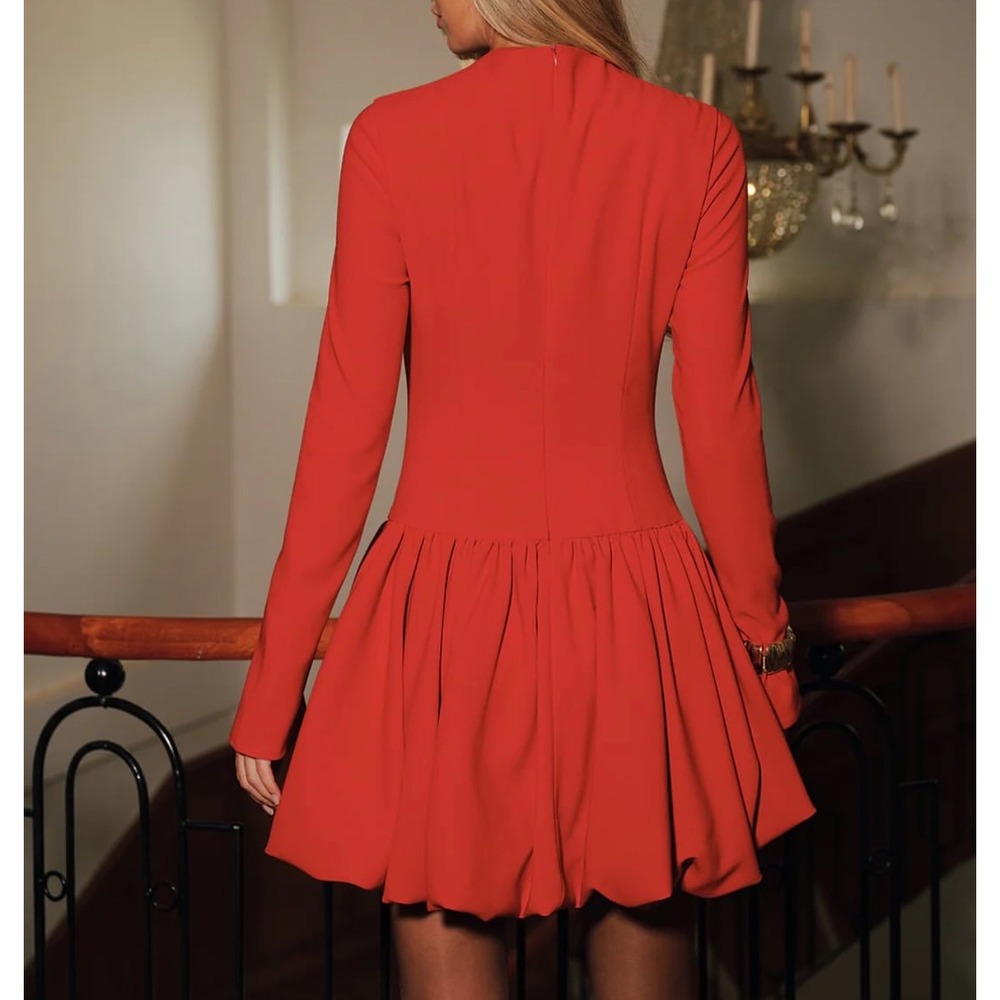 Commense Red Mock Neck Flared Long Sleeve Bubble Hem Mini Dress Size Large - Picture 11 of 12